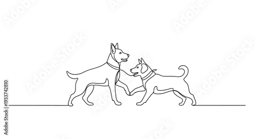 Two dogs playing, continuous line drawing, minimalist vector art