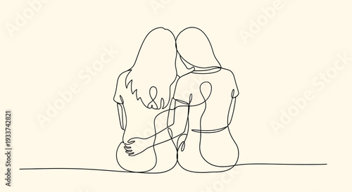 Two women embracing, continuous line drawing, friendship, support, togetherness