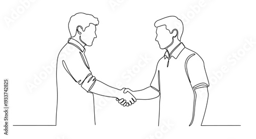 Two men in handshake, business agreement, partnership, trust, simple line drawing.