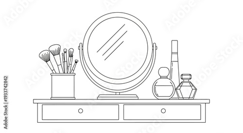 Vanity Mirror with Makeup Brushes and Perfume Bottles Sketch