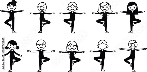 Cartoon women practicing yoga in various tree poses
