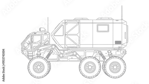 Lunar Exploration Vehicle: A detailed line drawing of a futuristic lunar exploration vehicle, designed for traversing the challenging terrain of the moon and providing a habitat for space travel.