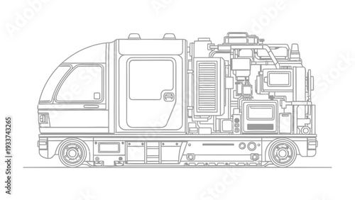Futuristic Industrial Transport Vehicle: A stylized, monochrome illustration of a technologically advanced transport vehicle, symbolizing innovation and the future of industry.