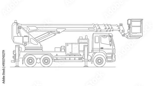 Aerial Platform Vehicle in Operation: A detailed outline of an aerial platform truck is poised for action, ready to provide elevated access for maintenance, construction, or rescue operations.