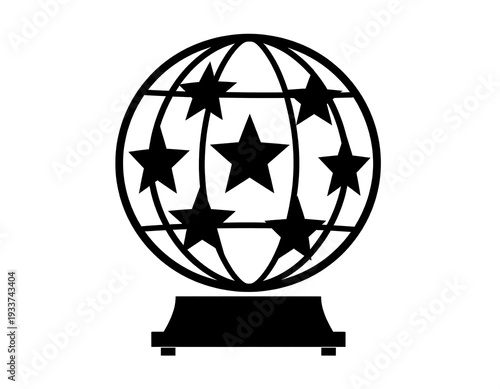 Black and white graphic featuring a globe with six stars on a pedestal