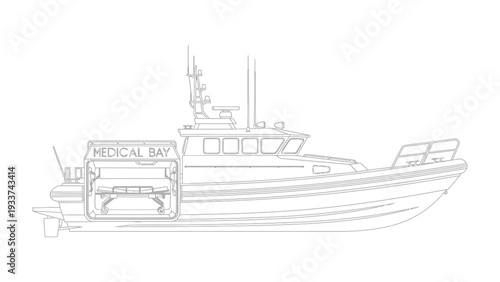 Medical Boat Illustration: A detailed line drawing of a medical boat, designed for waterborne healthcare and emergency medical services.
