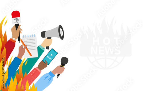 Hands with a speaker, microphone and notepad among fire. Journalists or press share the latest or hot news live.