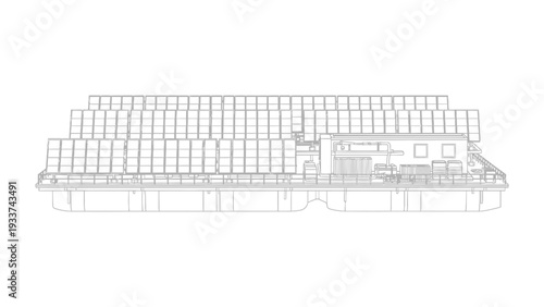 Solar Power Innovation: A detailed outline showcases a floating solar farm, an innovative concept harnessing the power of the sun for sustainable energy solutions. 