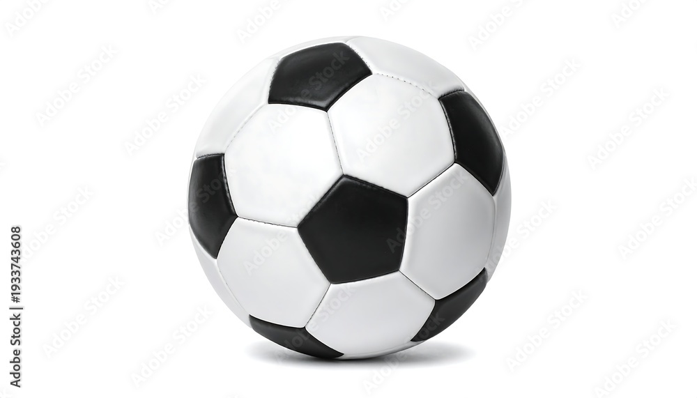 Naklejka premium Black and white soccer ball sits centered, casting shadow against a white background