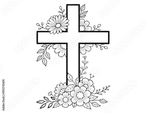 Easter Cross with Flowers coloring book silhouette vector illustration isolated on white background