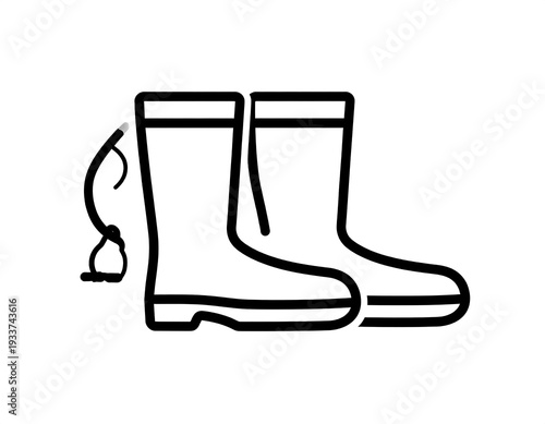 Black and white outlined image of two rain boots with a strap, simple design, perfect for outdoor activities