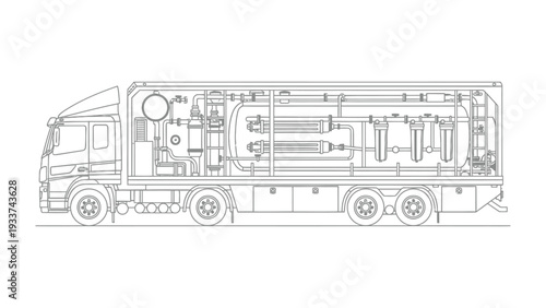 Inside the Water Transport Vehicle: A detailed illustration of a water transport vehicle showcasing its internal mechanism, including tanks and pipelines.