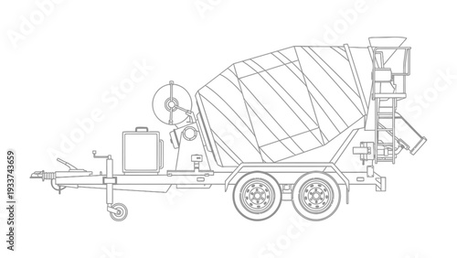 Concrete Mixer Truck Illustration: A detailed outline of a concrete mixer truck, essential equipment in construction, highlighting its design and functionality.