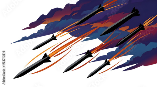 Barrage of destructive missiles descending from smoky skies, symbolizing conflict and airborne attack
