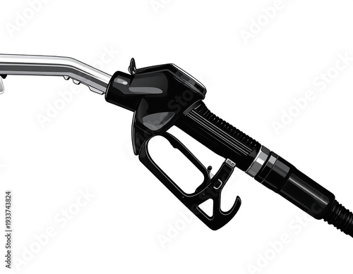 Black gas pump nozzle on a white background with silver spout shown in a close-up angled shot