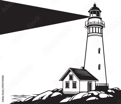 Black and White Lighthouse with Coastal House Illustration