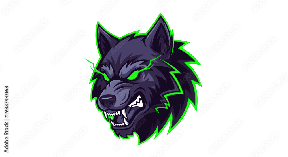 Fototapeta premium Fierce wolf head logo, snarling, green glowing eyes and outline, dark fur, gaming mascot