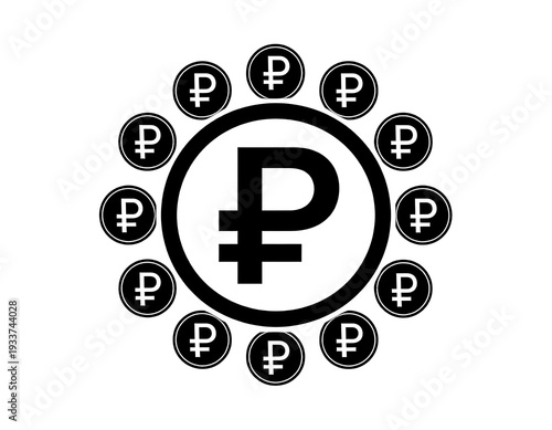 Black Ruble symbol encircled by smaller rubles, isolated on white. Simple design, currency