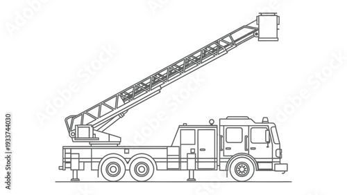 Fire Truck Ready for Action: A detailed line drawing of a fire truck with its ladder fully extended, ready to respond to an emergency situation, symbolizing bravery and community service.