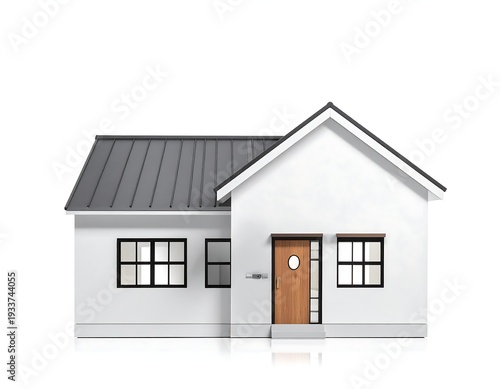 A white, one-story house with a gray roof, a wooden door, and symmetric window placements stands