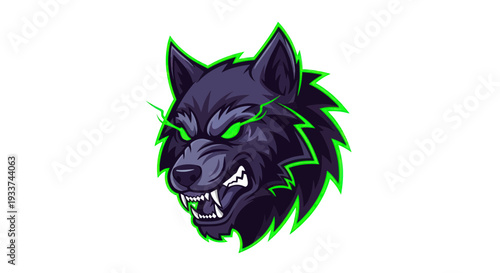 Fierce wolf head logo, snarling, green glowing eyes and outline, dark fur, gaming mascot