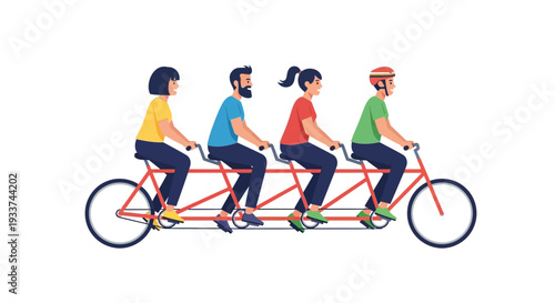 Four people riding a tandem bicycle depicted in a flat colorful illustration