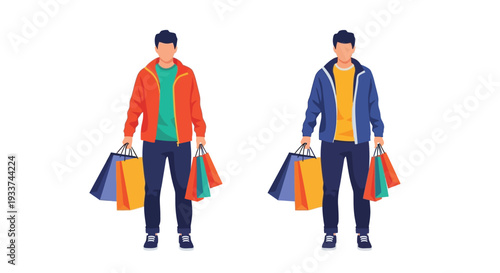 Two men carrying shopping bags in different colored outerwear