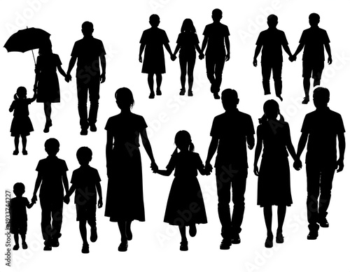 Black silhouettes of families holding hands and walking forward