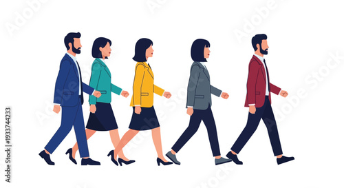 Diverse group of business professionals walking in a confident forward direction