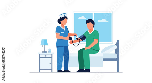 A healthcare worker checks a male patient s blood pressure in a room