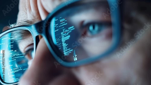 Close Up of Glasses Reflecting Computer Code Focus and Concentration on Programming, Data Analysis, and Technology Innovation in Modern Digital Environment