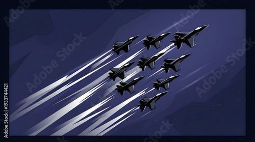 Elite squadron of military aircraft flying in a precise formation, leaving streaks of light across the dark sky