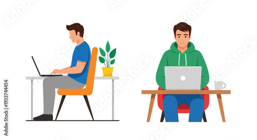 Two men working on laptops at desks with varying postures and setups