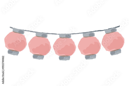 横に並んだ夏祭りの提灯の水彩イラスト 幼稚園・保育園向け8月のやさしい挿絵シリーズ