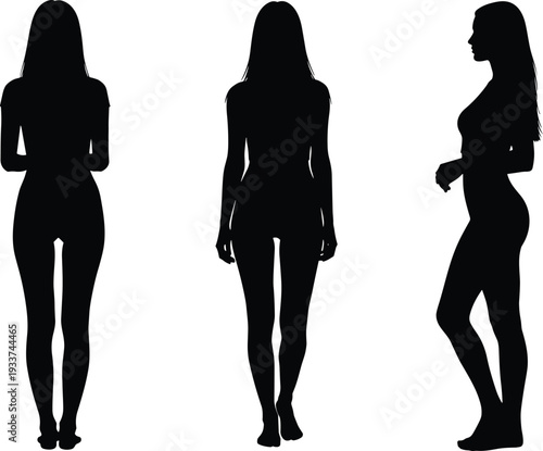 Female body silhouette set front back side views, full length woman figure isolated black vector illustration collection