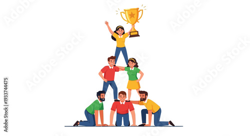 Teamwork celebration a human pyramid with a winning trophy held aloft