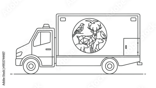 Wildlife Transport: An illustration of a transport vehicle dedicated to the relocation or rescue of diverse wildlife, with a focus on conservation efforts.
