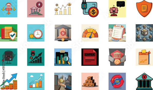 Mega Business and Finance Icon Set, Colorful Flat Vector Bundle with Banking, Investment, Analytics, Marketing, Office Management, Growth Chart and Digital Economy Symbols for Web, App, UI UX, Dashboa