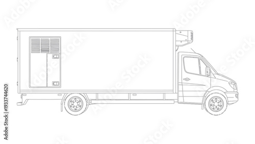 Delivery Van: A detailed line art illustration of a delivery van, emphasizing its functional design and utility for transporting goods.