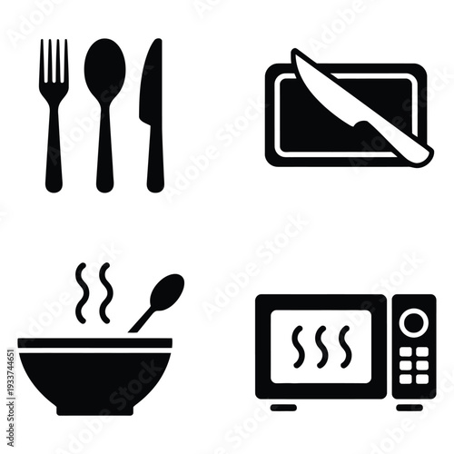 Kitchen and dining icons featuring cutlery, a knife block, a bowl of steaming soup, and a microwave.
