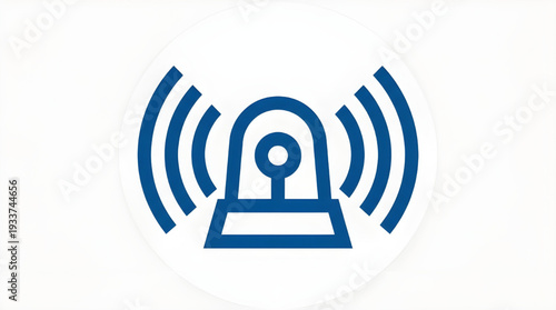 Digital alarm siren icon in blue, depicting urgent warning signals and security alerts with radiating sound waves