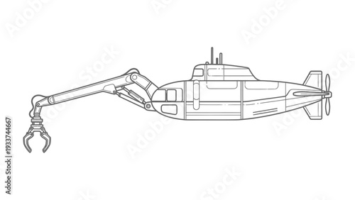 Underwater Exploration Vessel: A detailed illustration of a futuristic submarine equipped with a robotic arm, poised for underwater exploration and discovery.