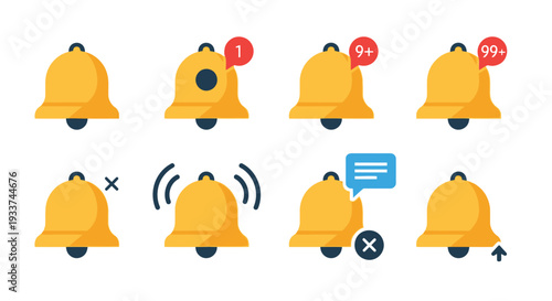 Colorful notification bell icons displaying varying levels of alerts