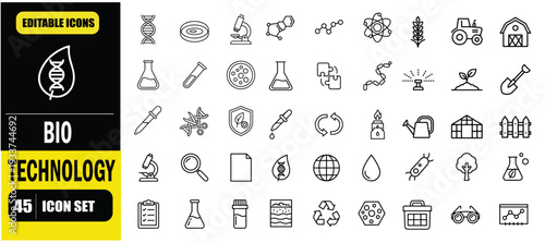 Biotechnology, Biochemistry & Farming Outline Icon Set, Scientific Research, Laboratory Equipment, Agriculture, Genetic Engineering, Linear Editable Stroke Vector Illustration