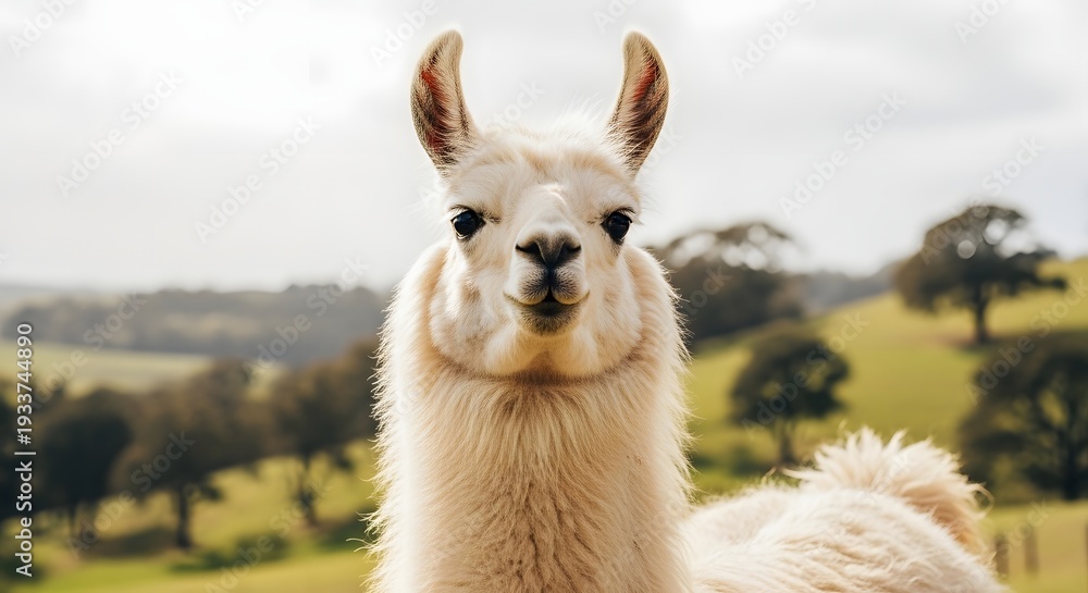 Obraz premium A front view portrait of a white fluffy llama smiling in a green field