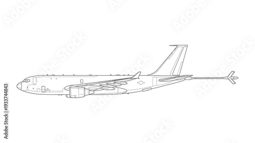 Aircraft Contour Illustration: A precise outline of a modern aircraft, illustrating its streamlined design and complex components, capturing the essence of air travel and aviation technology.