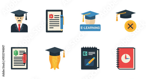 Education icons depicting graduation learning and academic achievement