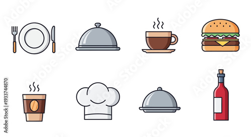 Colorful flat icons depicting various food service and dining elements