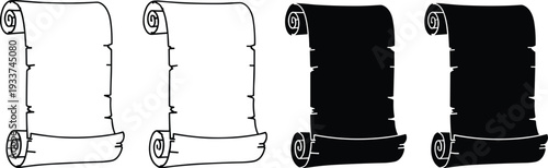 Ancient parchment scroll collection with outline and solid silhouettes, vintage paper banner set isolated on white background, medieval manuscript vector illustration