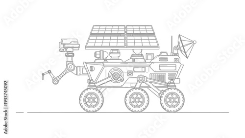 Modern Lunar Rover Illustration: A detailed outline of a cutting-edge lunar rover, showcasing advanced technology for space exploration, ready to navigate the alien terrain.
